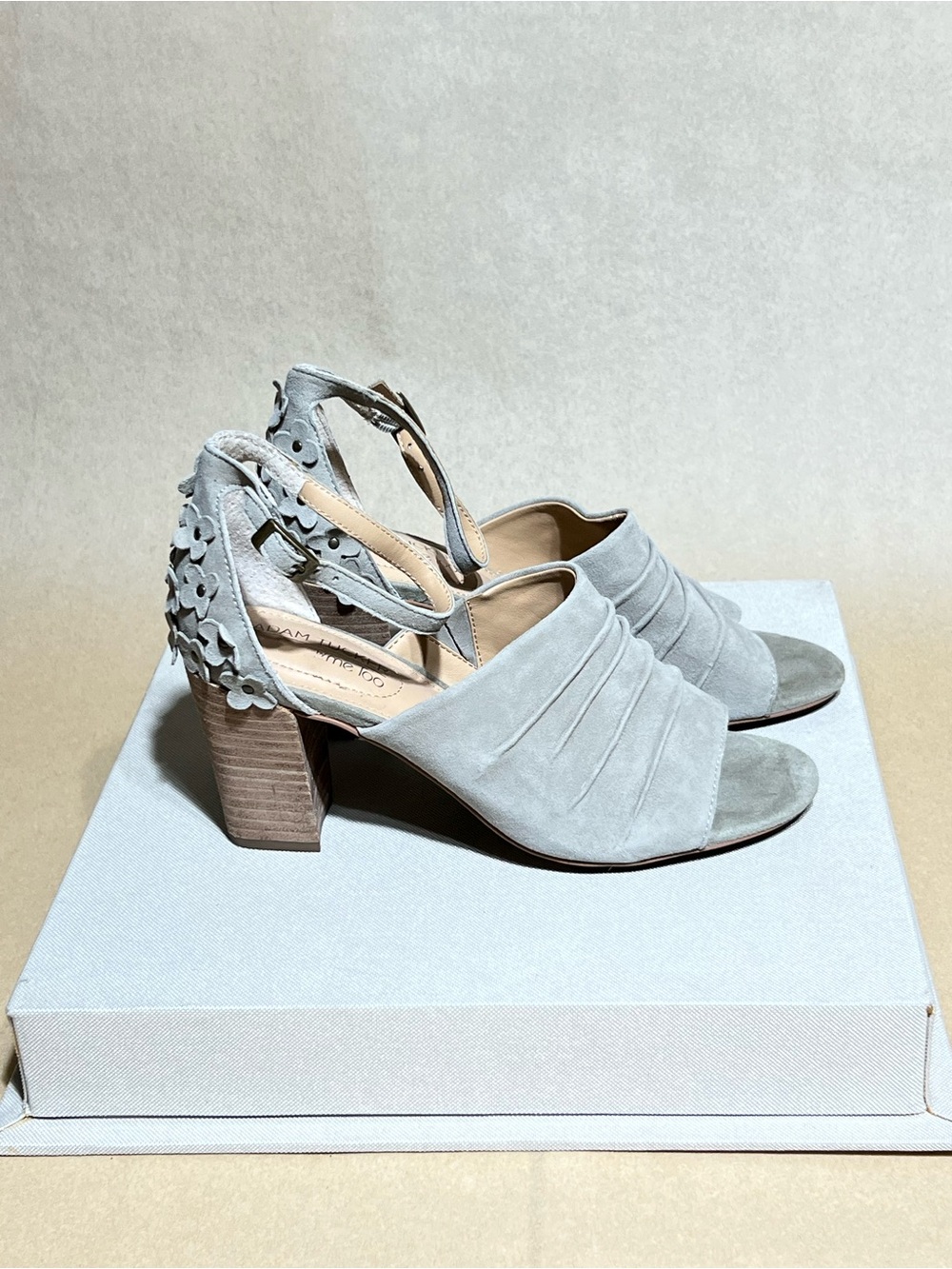 Adam Tucker Light Gray Suede Open-Toe Block Heel Sandals